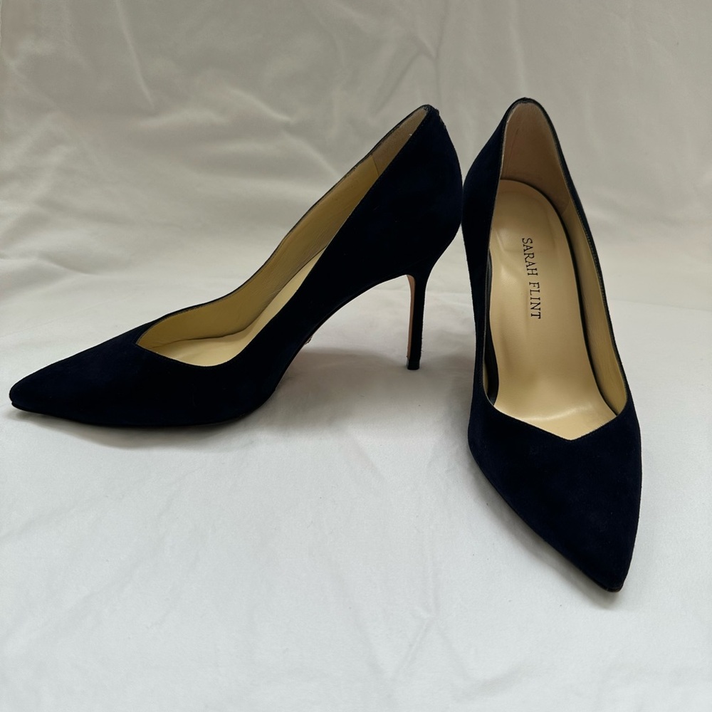 Sarah Flint Perfect Pump 85 Navy Blue Suede Pointed Toe Heels Shoes 36 6